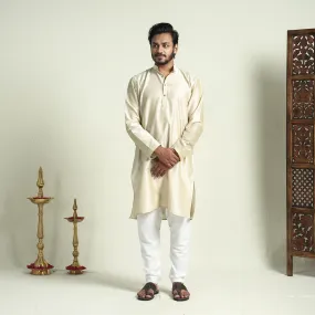 Beige - Plain Dyed Slub Silk Men Long Kurta