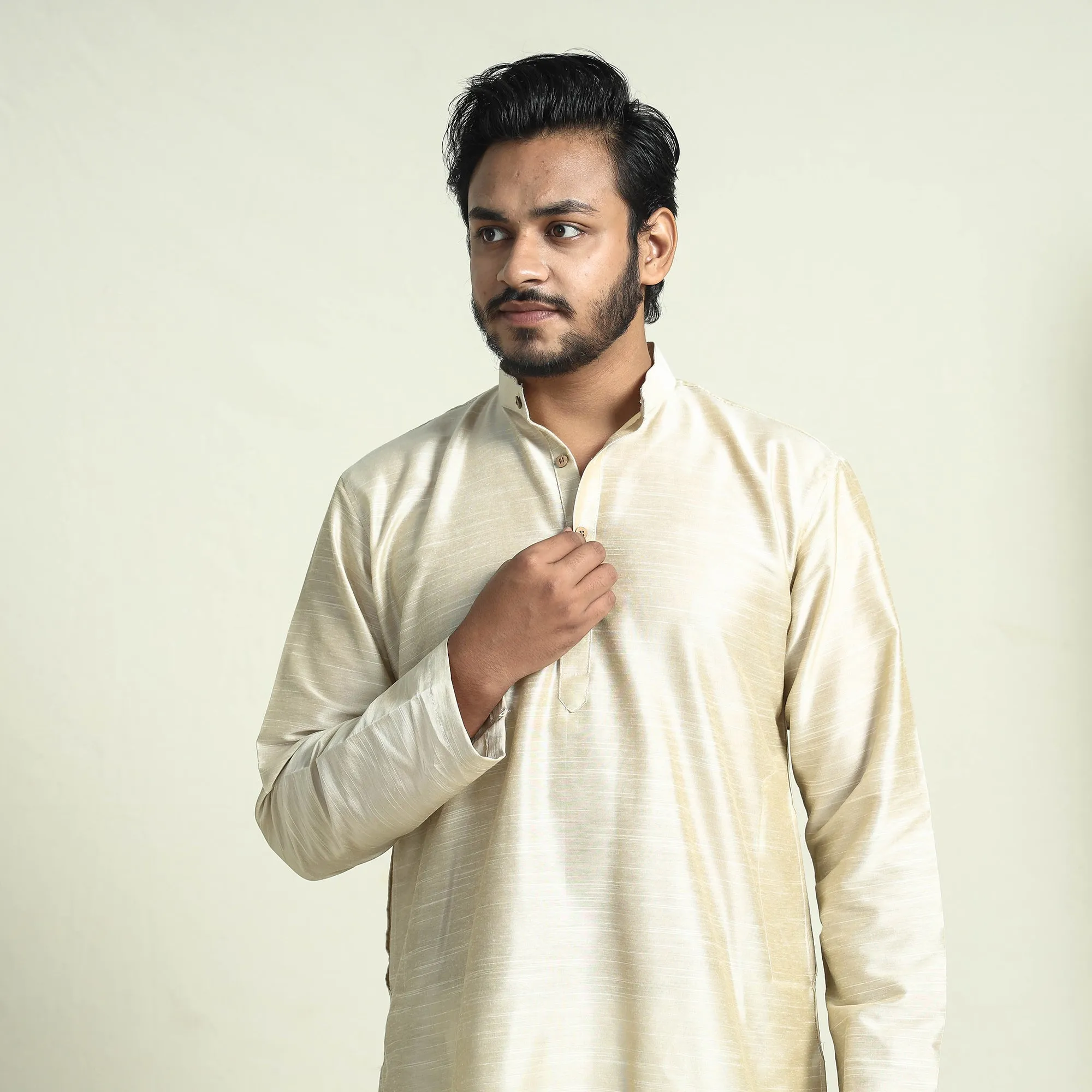 Beige - Plain Dyed Slub Silk Men Long Kurta