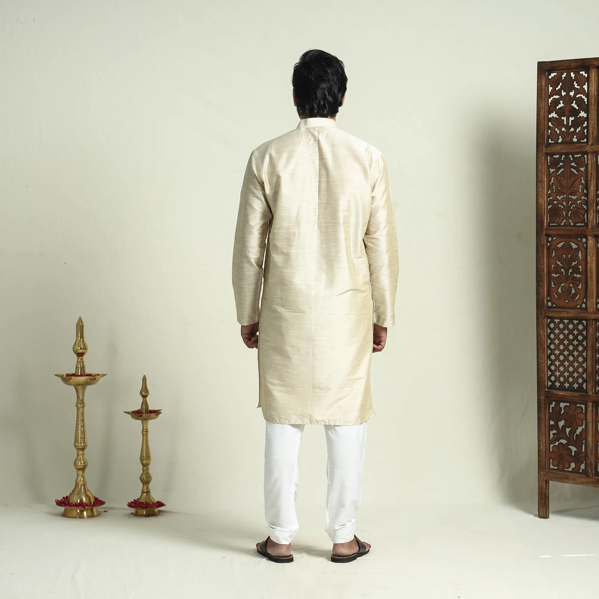 Beige - Plain Dyed Slub Silk Men Long Kurta