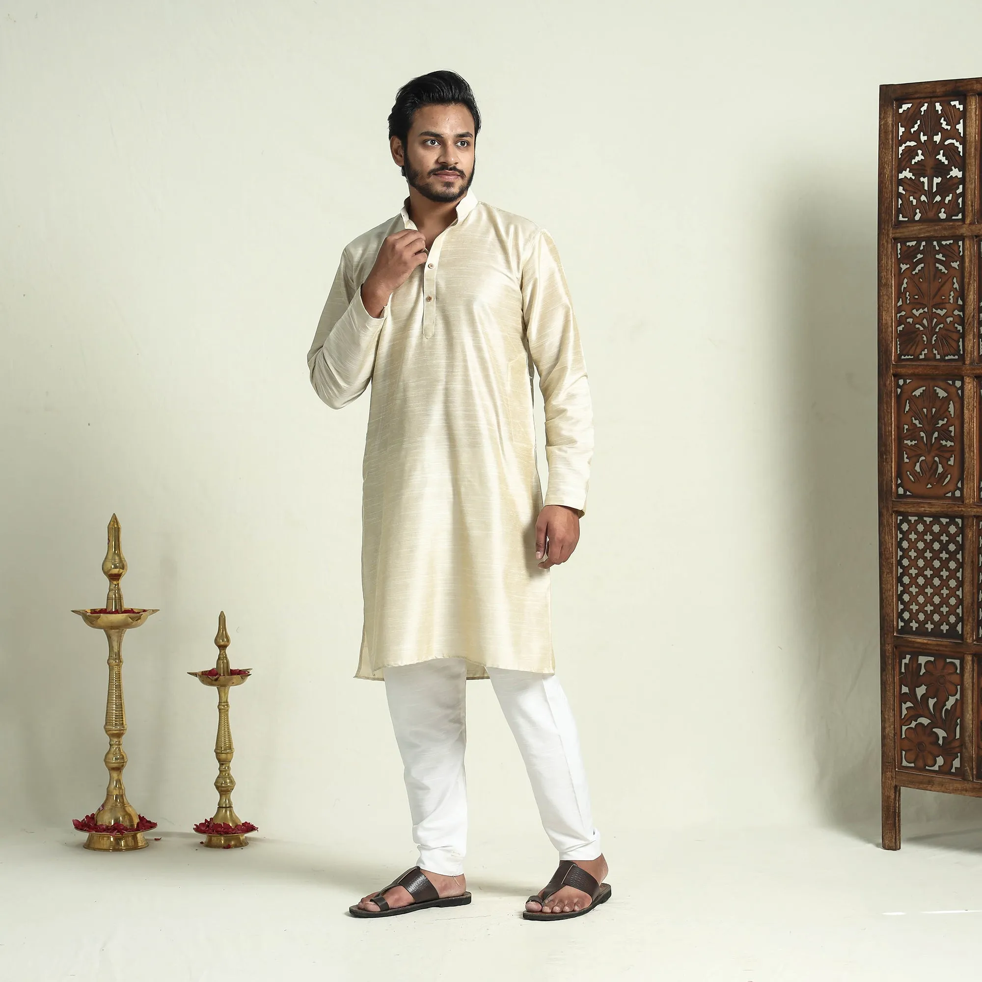 Beige - Plain Dyed Slub Silk Men Long Kurta