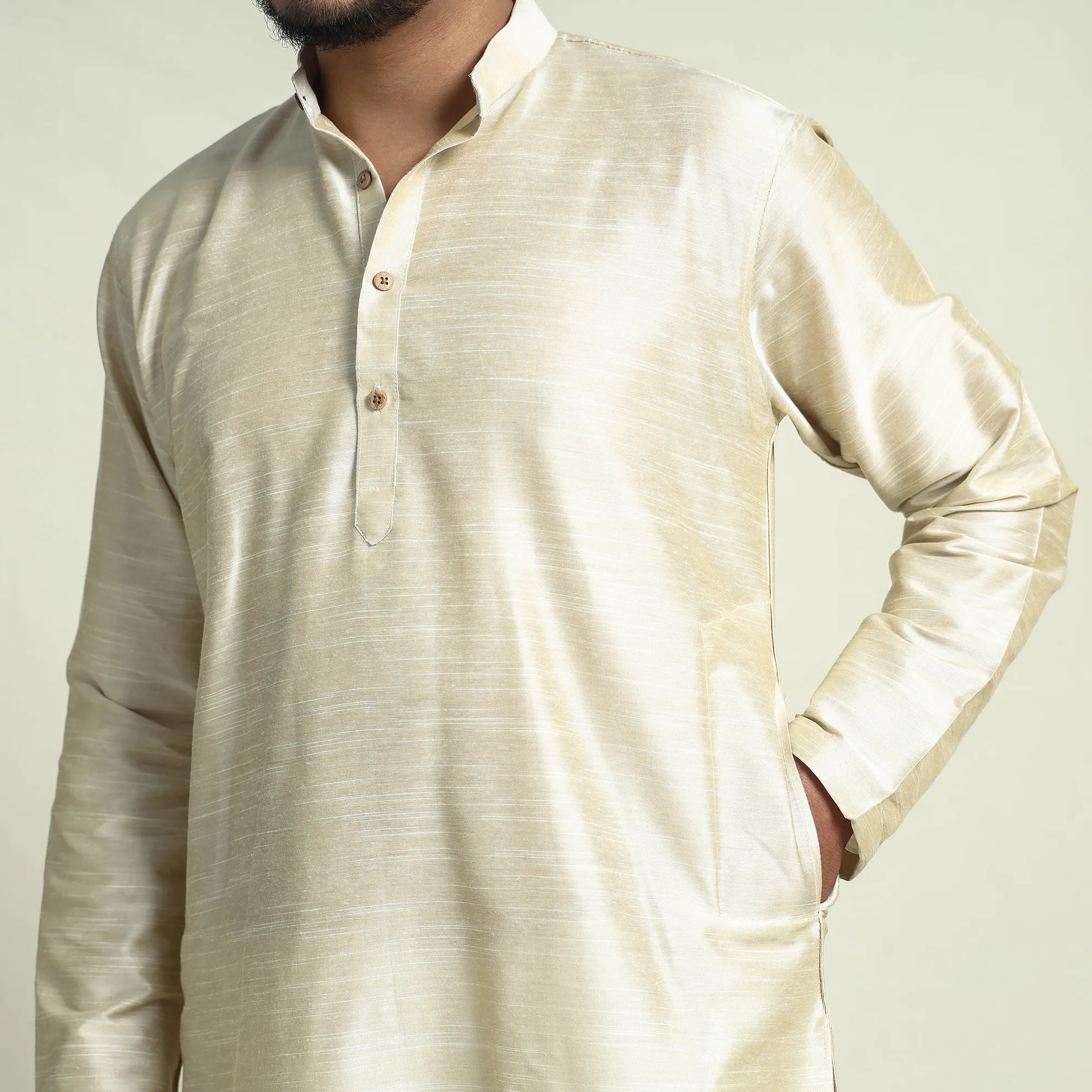 Beige - Plain Dyed Slub Silk Men Long Kurta