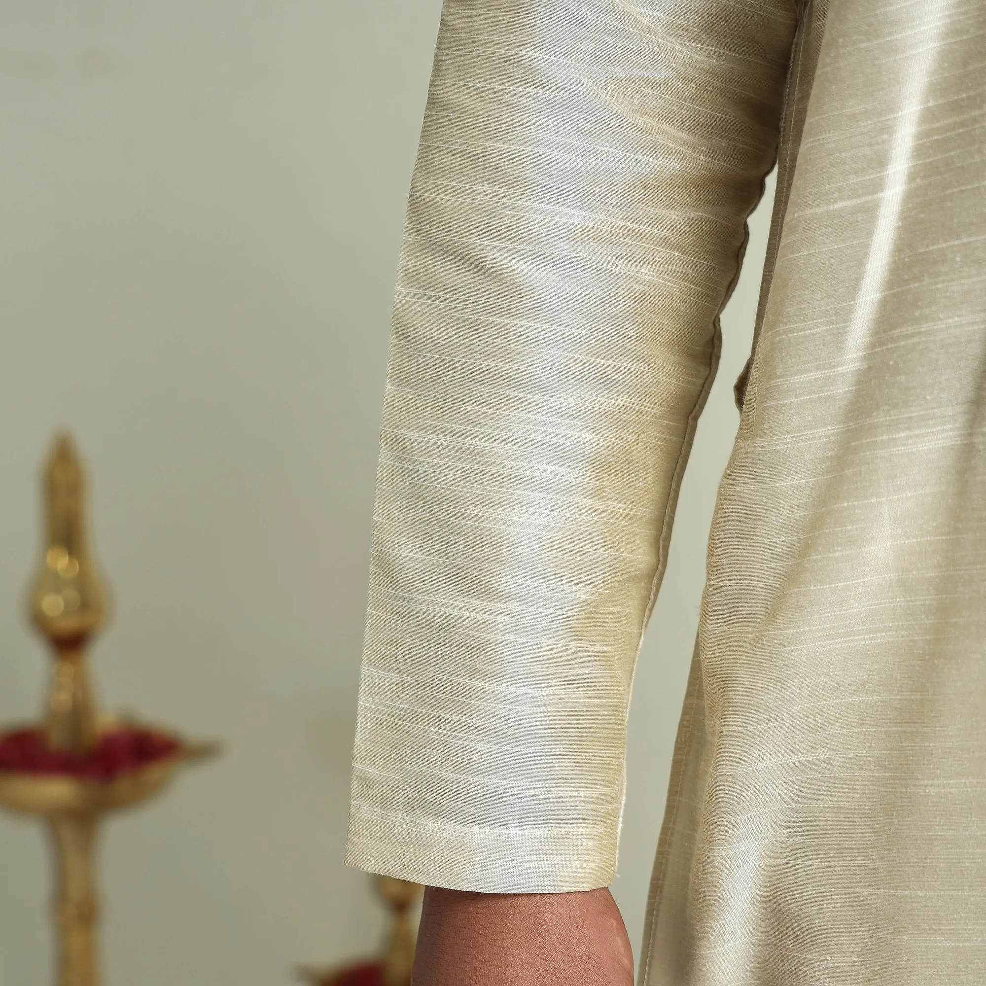 Beige - Plain Dyed Slub Silk Men Long Kurta