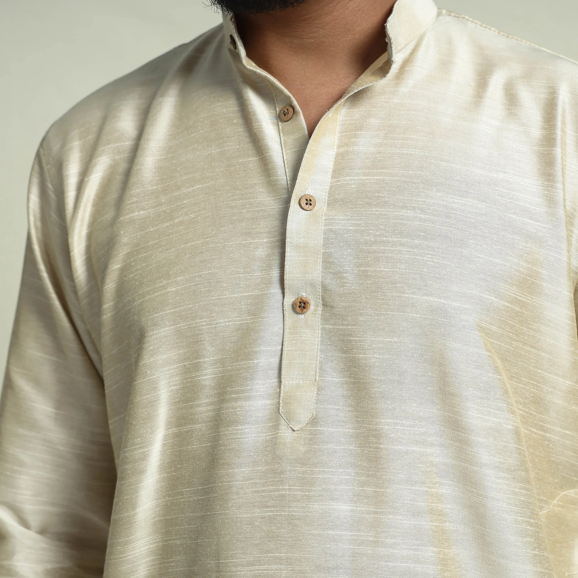 Beige - Plain Dyed Slub Silk Men Long Kurta