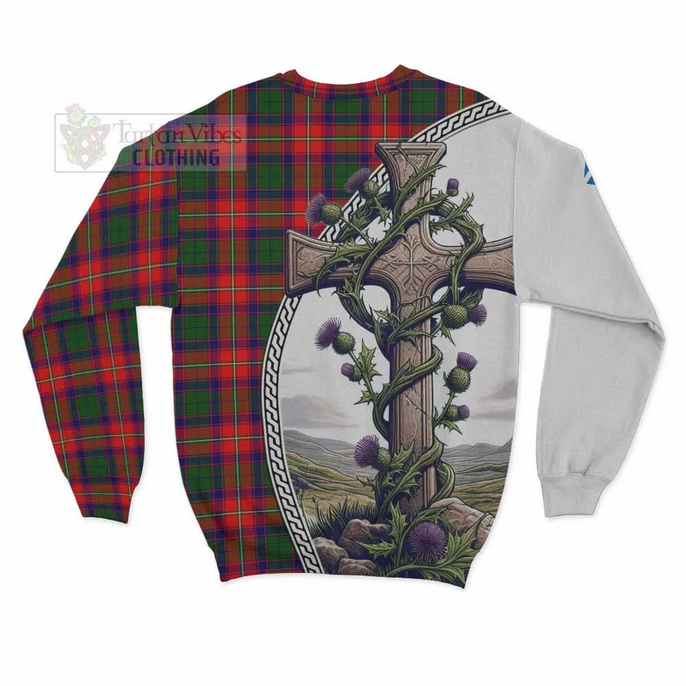 Belshes (Belsches) Tartan Sweatshirt with Family Crest and St. Andrew's Cross Accented by Thistle Vines