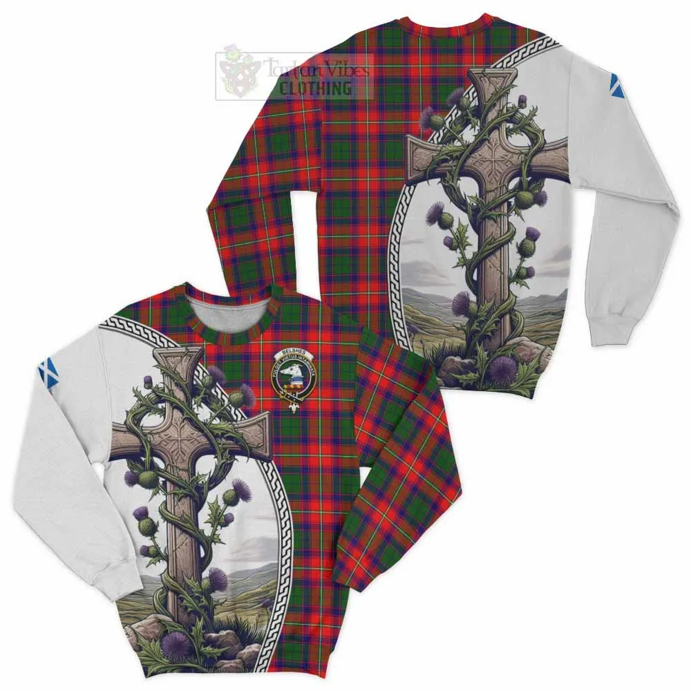 Belshes (Belsches) Tartan Sweatshirt with Family Crest and St. Andrew's Cross Accented by Thistle Vines