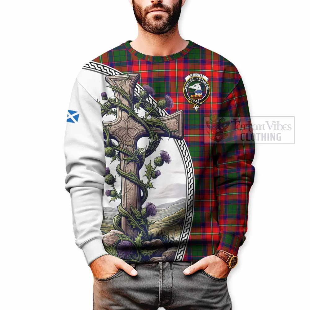 Belshes (Belsches) Tartan Sweatshirt with Family Crest and St. Andrew's Cross Accented by Thistle Vines