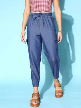 Berrylush Women Solid Navy Blue Tie-Up High-Rise Waist Chambray Regular Utility Trousers