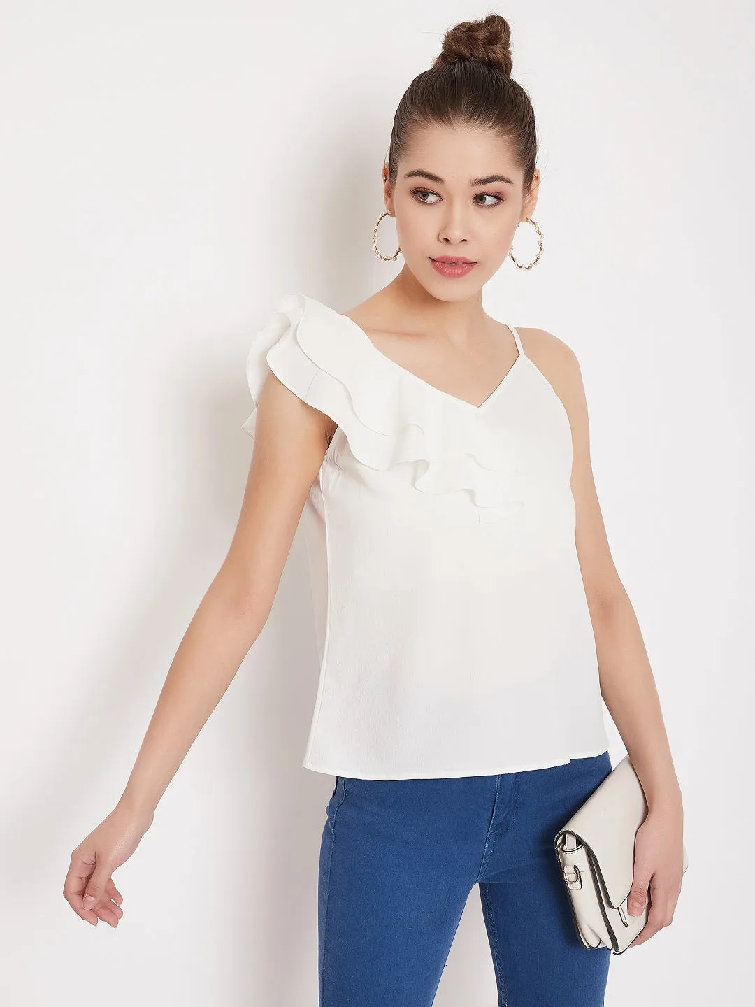 Berrylush Women Solid White Asymmetrical Ruffled Cami Top