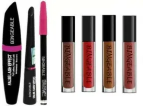 Bingeable 3in1 Beauty Eyeliner, Mascara, Eyebrow Pencil & 4 Pcs Red Mini Long Lasting Lipstick