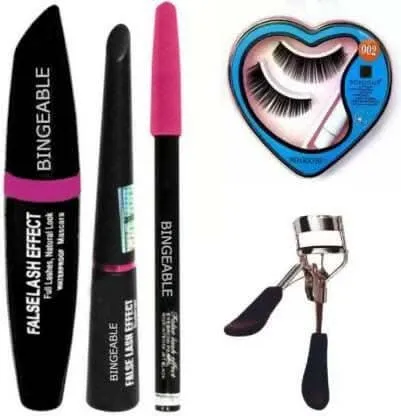 Bingeable 3In1 Waterproof Eyeliner, Liquid mascara With Waterproof Black Kajal& Heart Shape False-Fake Eyelashes& Curler