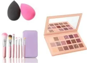 Bingeable HDA 18 Colors NUDE EDITION Eye Shadow Palette& 2 Pcs Blender Puff& 7 Pcs Makeup Brush Set (3 Items in the set)