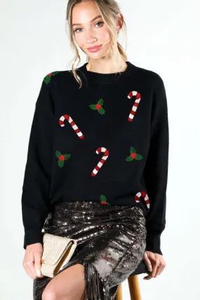 Black Christmas Sequin Detail Sweater Top