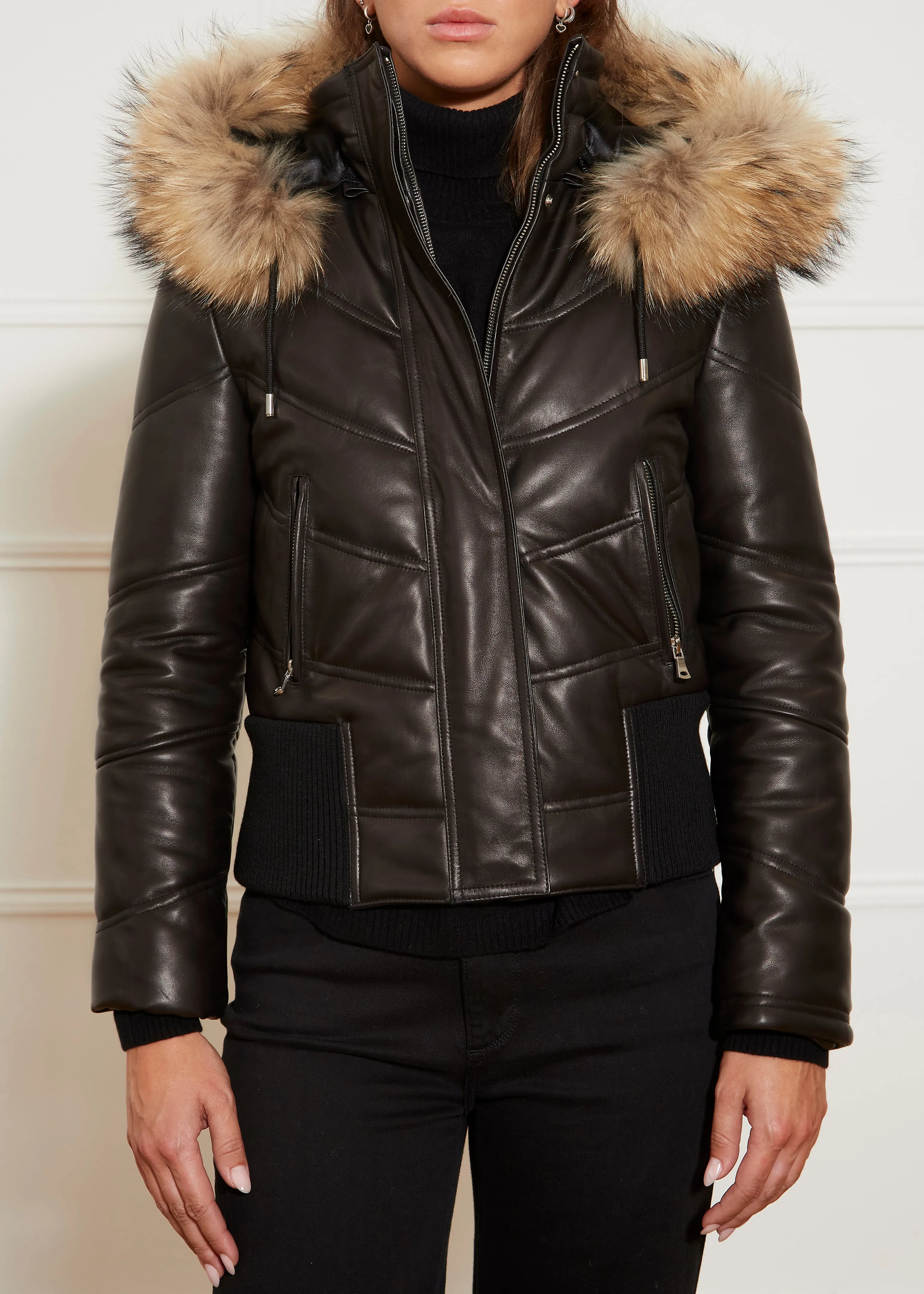 Black Leather Bomber With Fur Trim