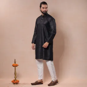 Black - Men Tussar Ghicha Silk Handloom Long Kurta