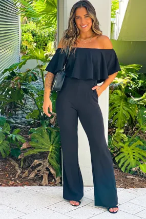 Black Off Shoulder Jumpsuit With Pockets