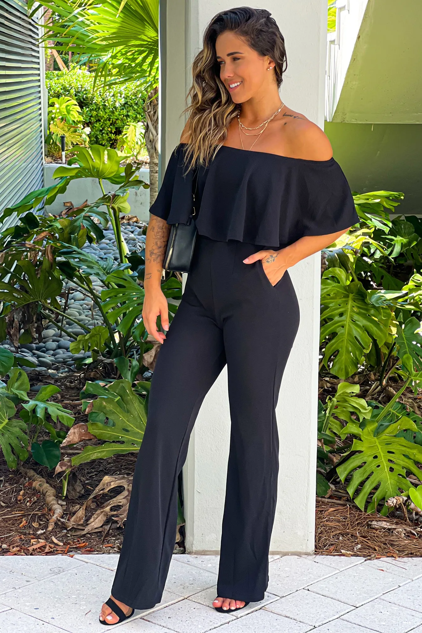 Black Off Shoulder Jumpsuit With Pockets