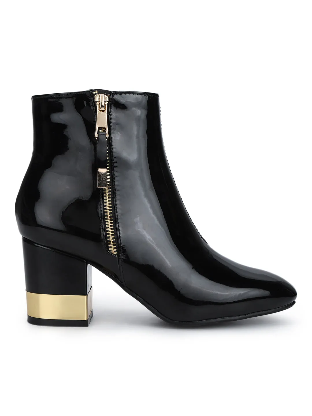 Black Patent Golden Heel Side Zipper Ankle Boots