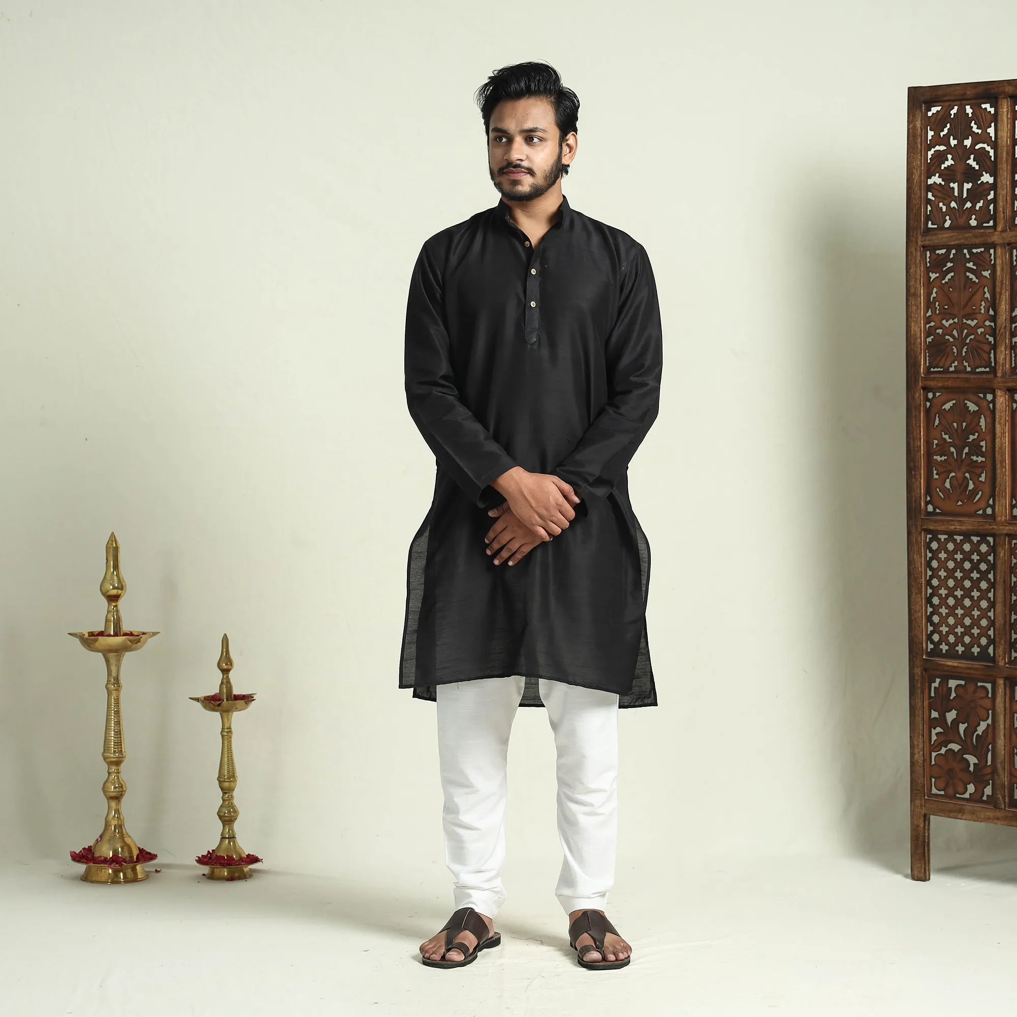 Black - Plain Dyed Slub Silk Men Long Kurta