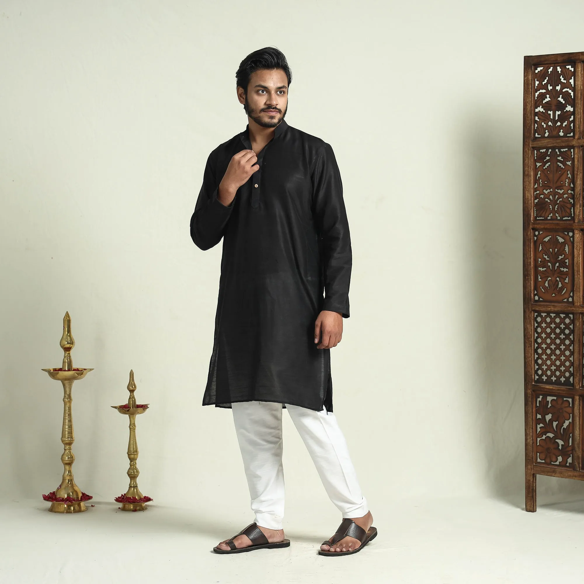 Black - Plain Dyed Slub Silk Men Long Kurta