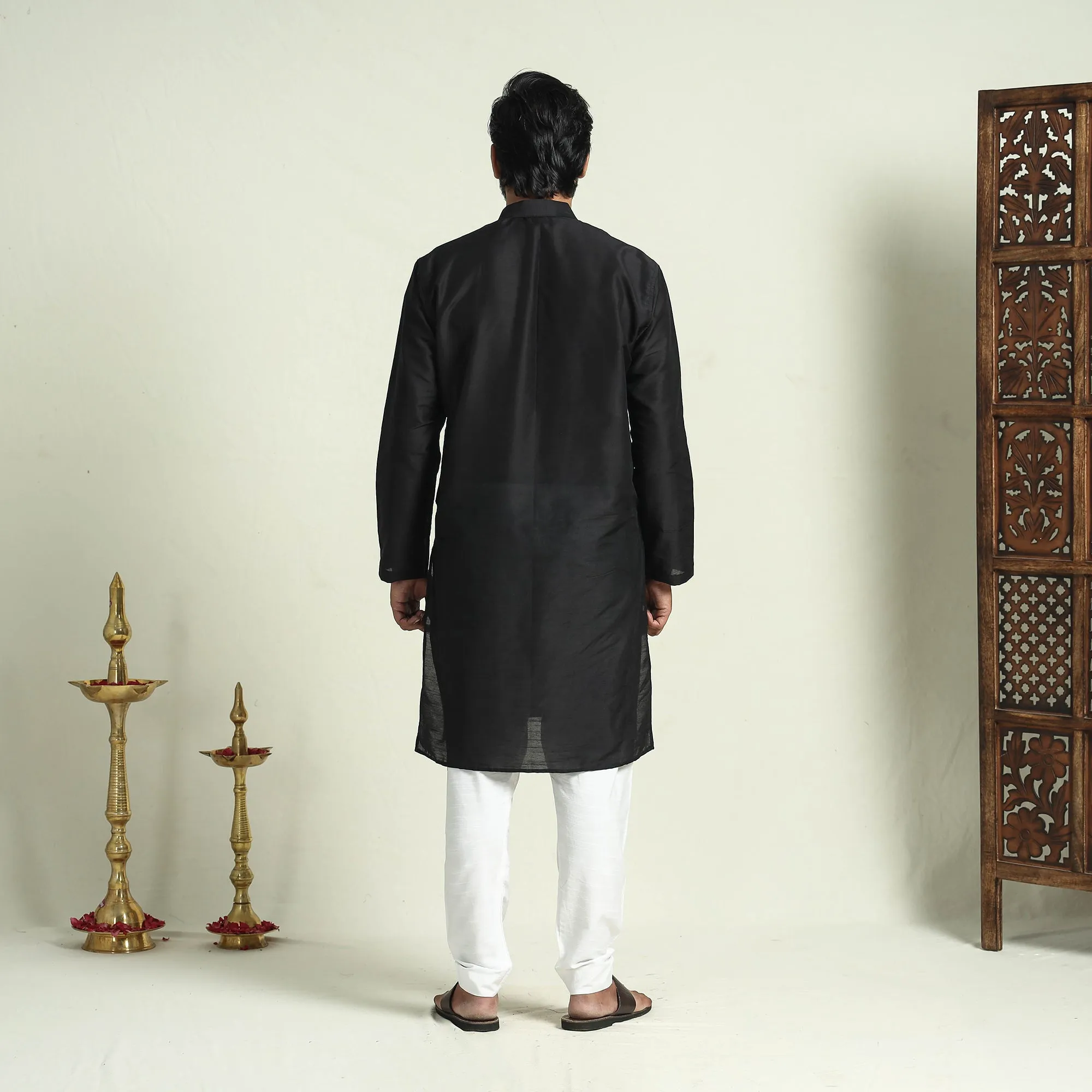 Black - Plain Dyed Slub Silk Men Long Kurta