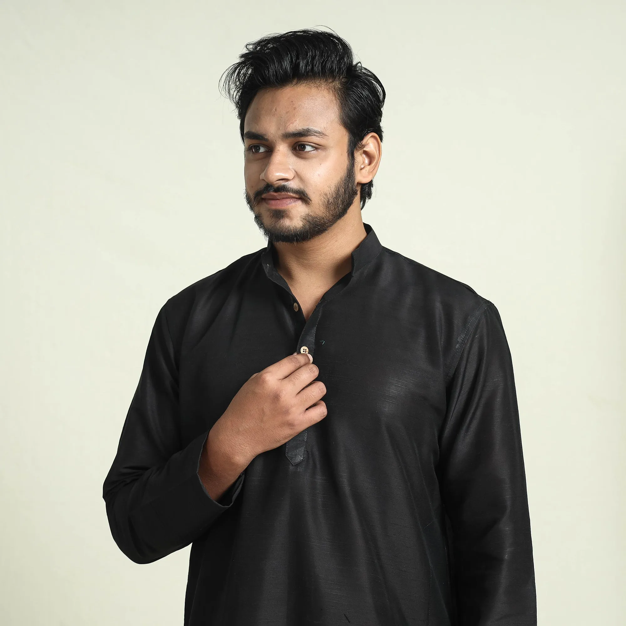 Black - Plain Dyed Slub Silk Men Long Kurta