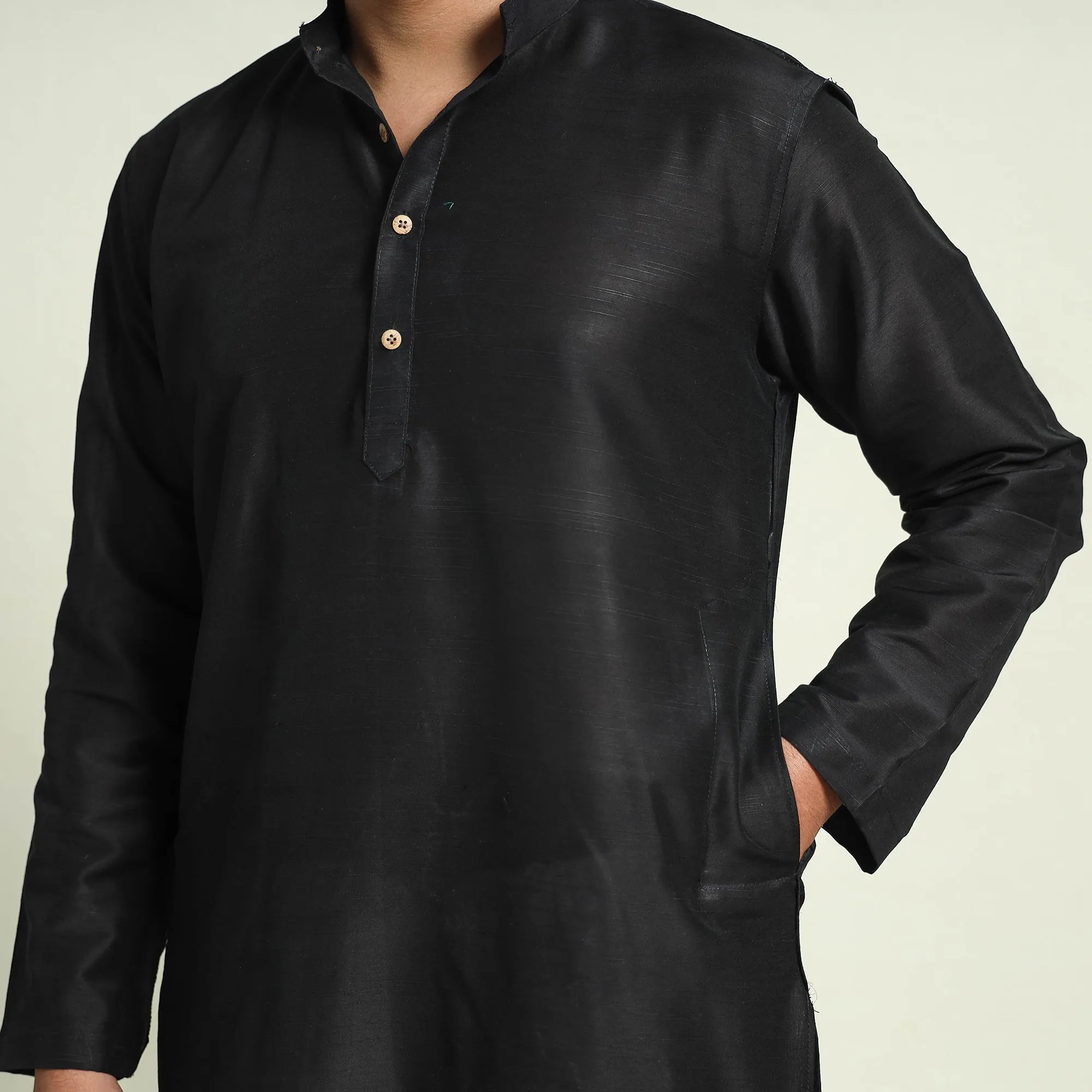 Black - Plain Dyed Slub Silk Men Long Kurta