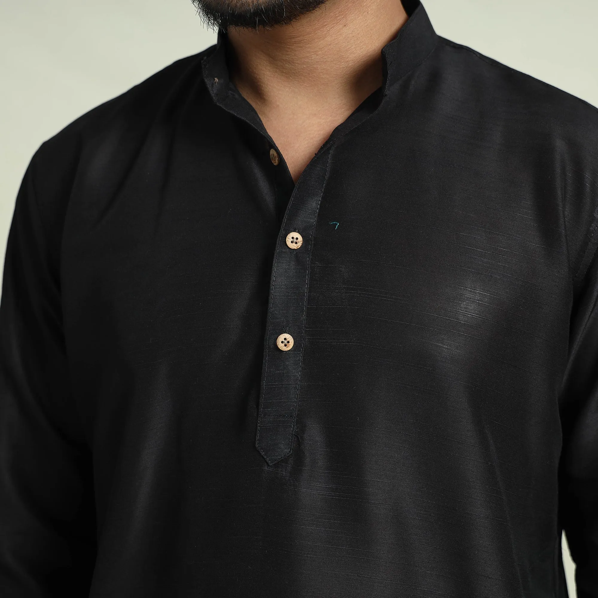 Black - Plain Dyed Slub Silk Men Long Kurta