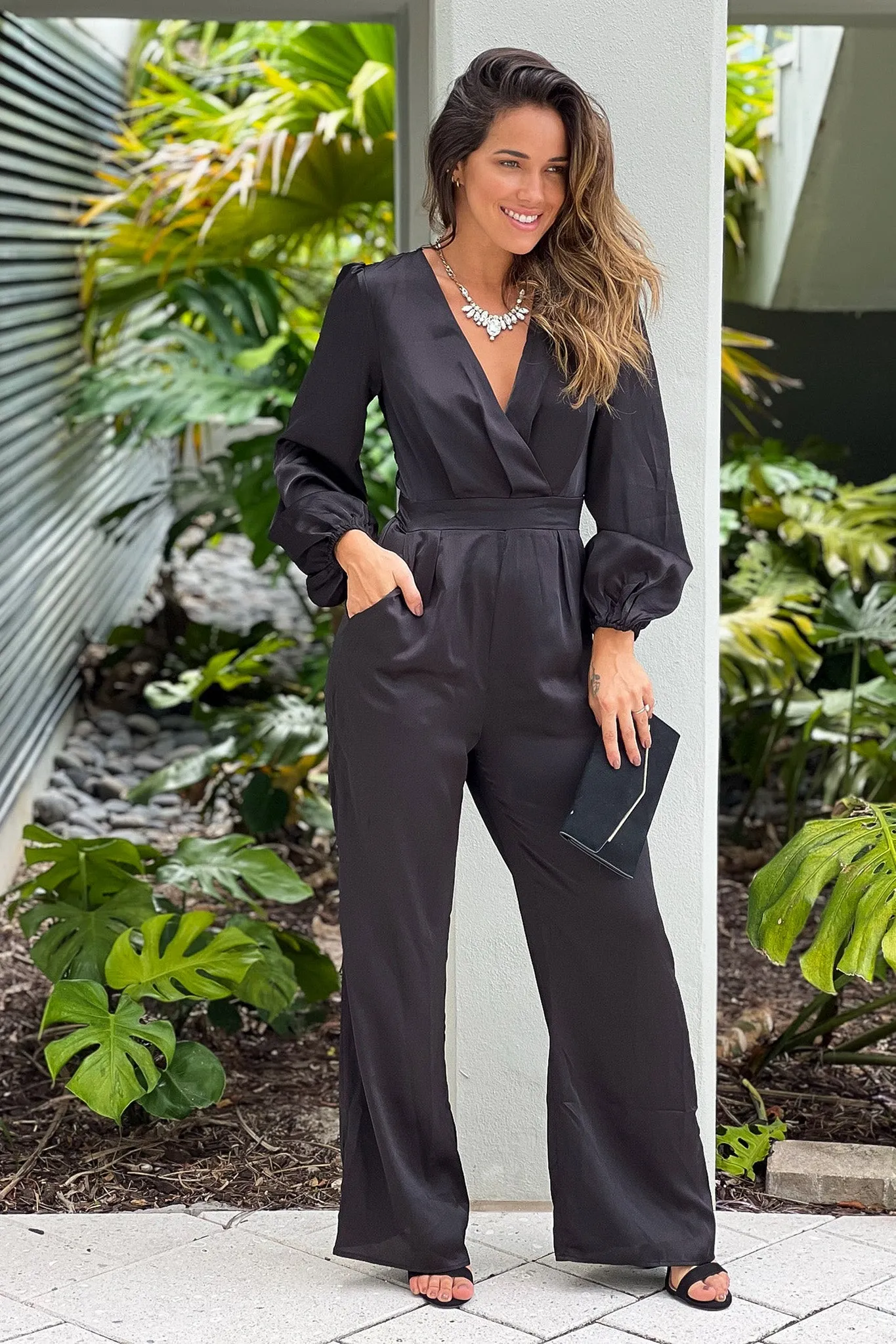 Black Satin Jumpsuit With Pockets