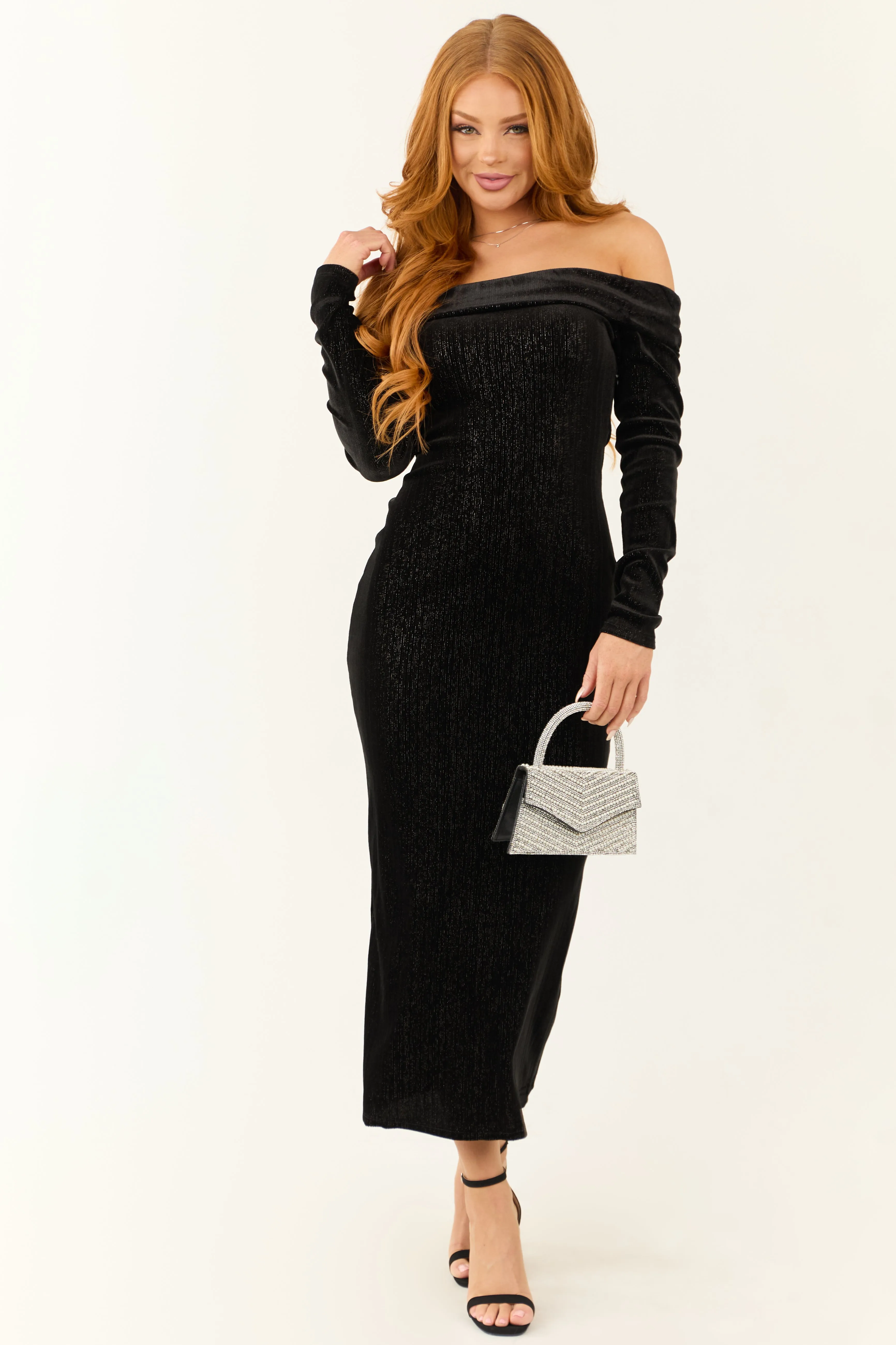 Black Shimmery Velvet Off Shoulder Midi Dress