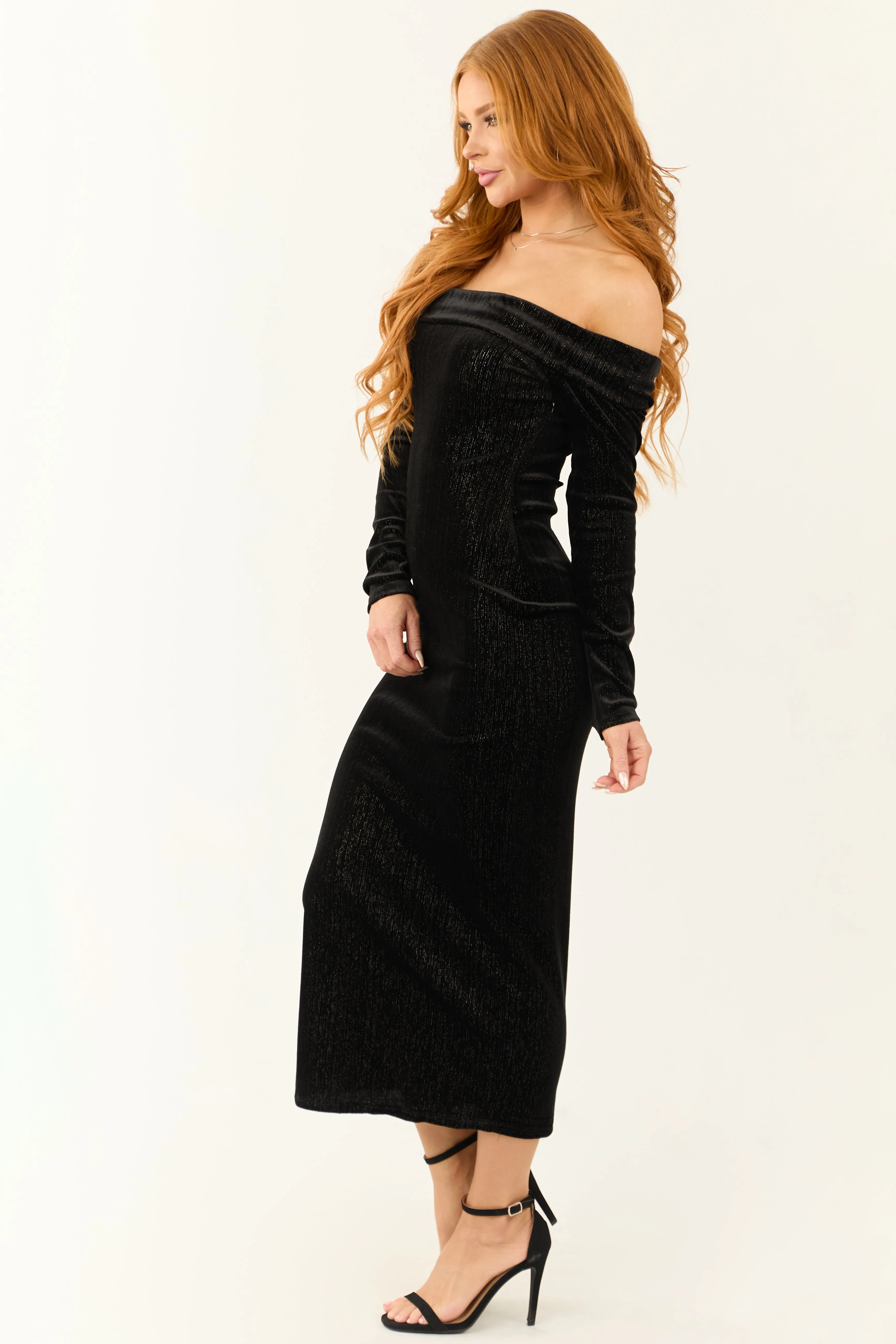 Black Shimmery Velvet Off Shoulder Midi Dress