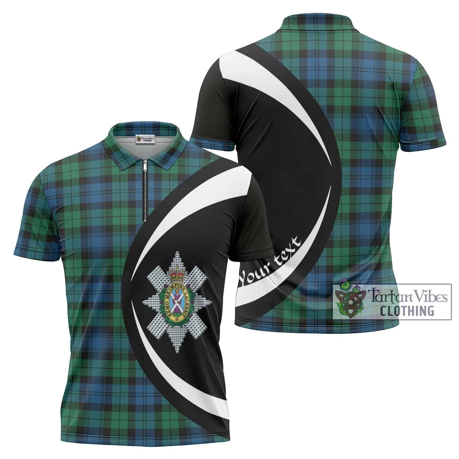 Black Watch Ancient Tartan Zipper Polo Shirt with Family Crest Circle Style