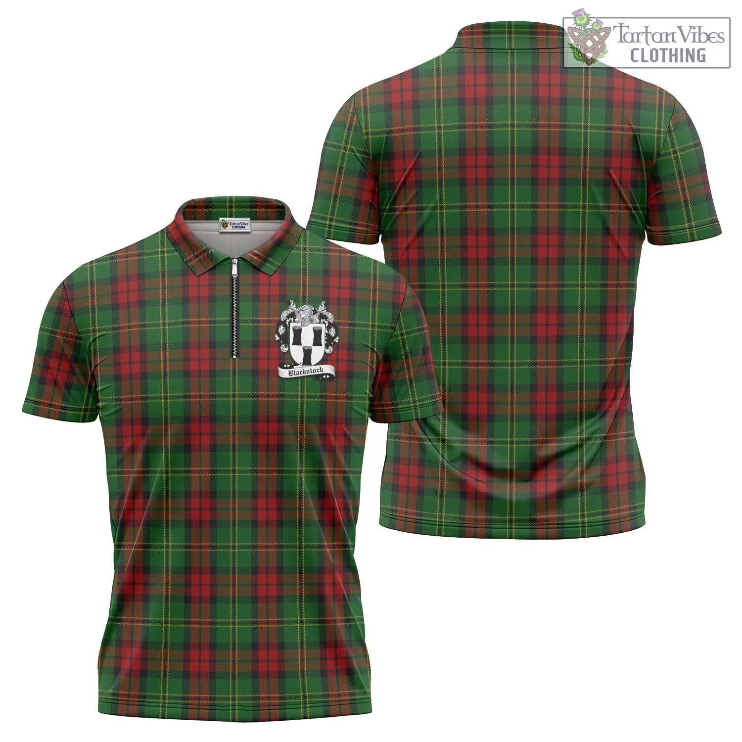 Blackstock Hunting Tartan Zipper Polo Shirt with Family Crest