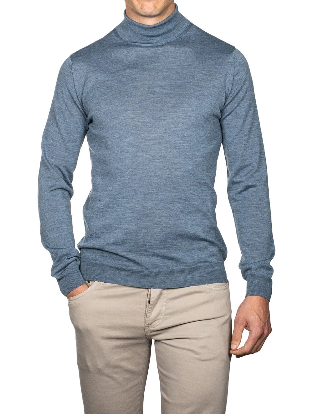 Blue Roll Neck Fine Merino Wool Jumper