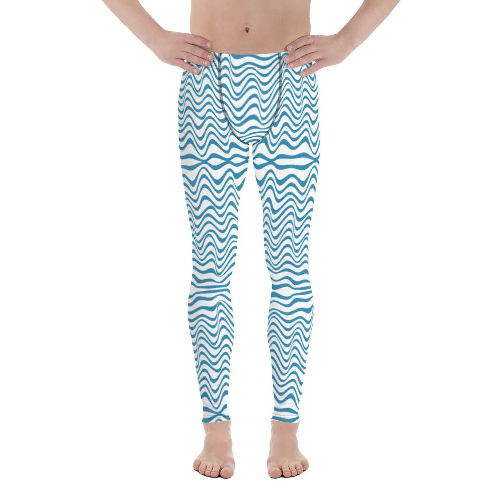 Blue Wavy Men's Leggings, Modern Abstract Graphic Designer Tights-Made in USA/EU/MX