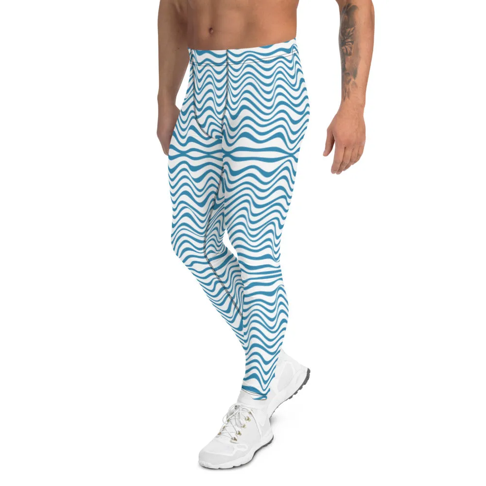 Blue Wavy Men's Leggings, Modern Abstract Graphic Designer Tights-Made in USA/EU/MX