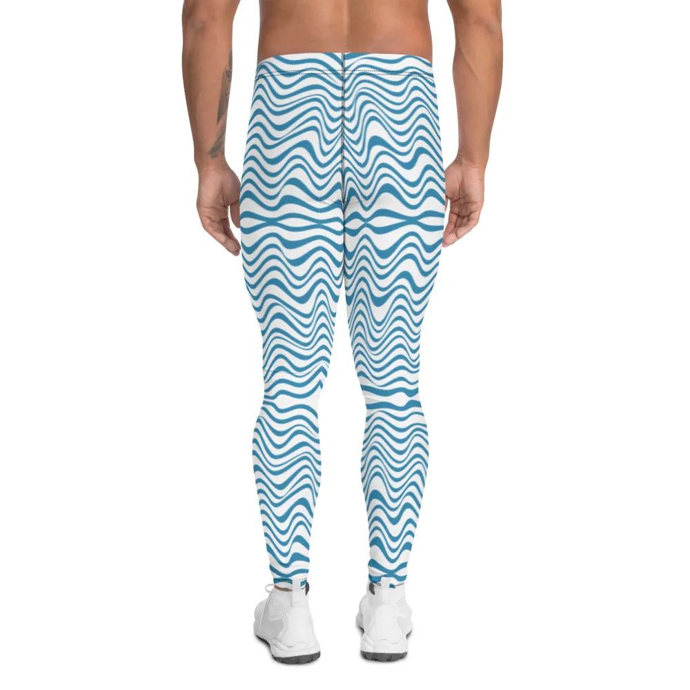 Blue Wavy Men's Leggings, Modern Abstract Graphic Designer Tights-Made in USA/EU/MX