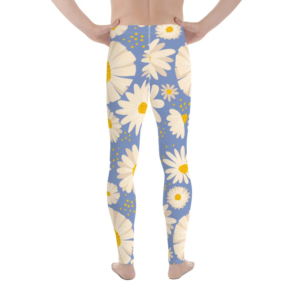 Blue White Daisy Floral Meggings, Flower Printed Designer Meggings Compression Tights-Made in USA/EU/MX