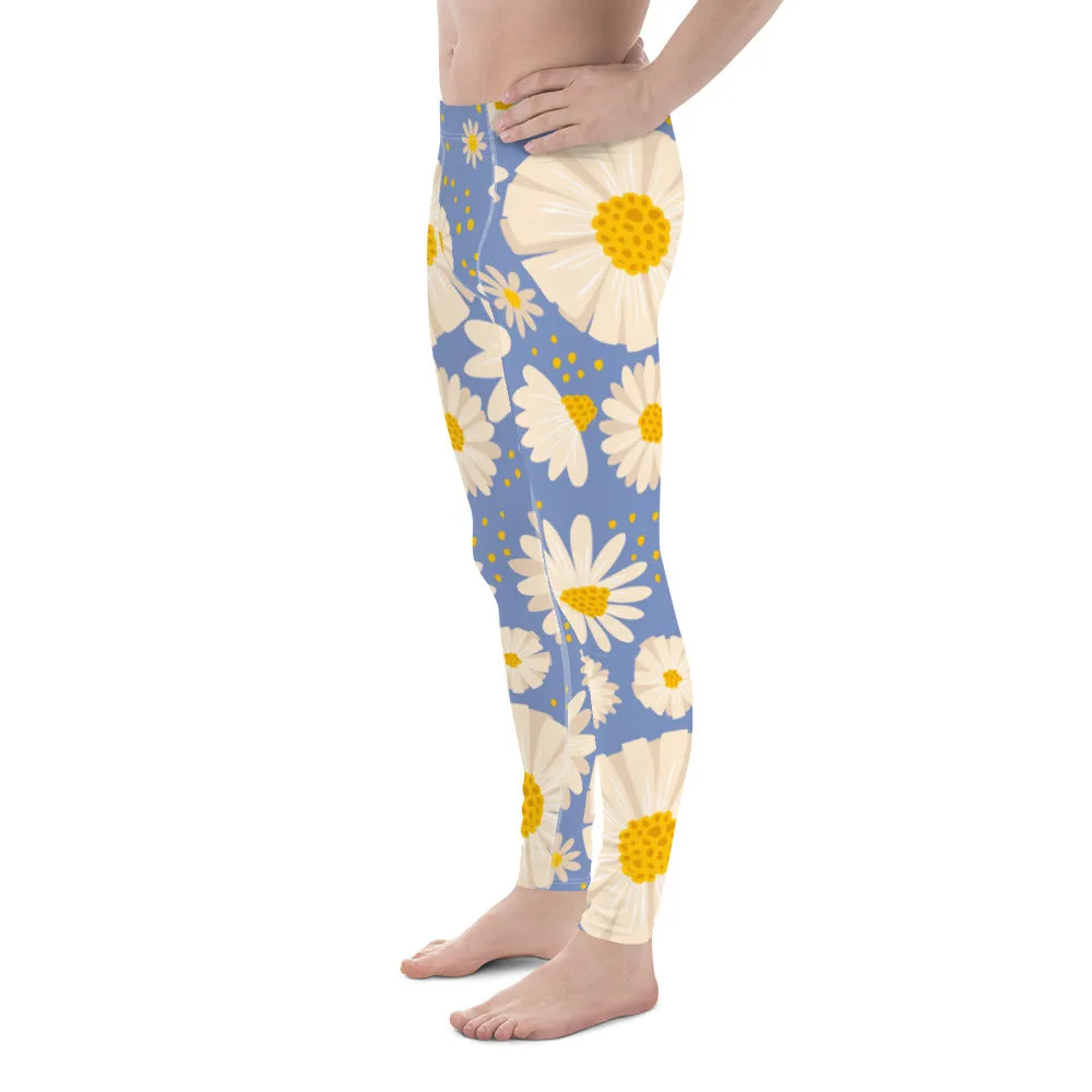 Blue White Daisy Floral Meggings, Flower Printed Designer Meggings Compression Tights-Made in USA/EU/MX