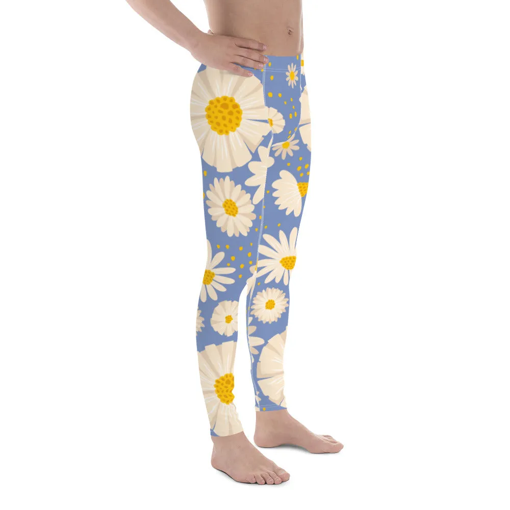 Blue White Daisy Floral Meggings, Flower Printed Designer Meggings Compression Tights-Made in USA/EU/MX