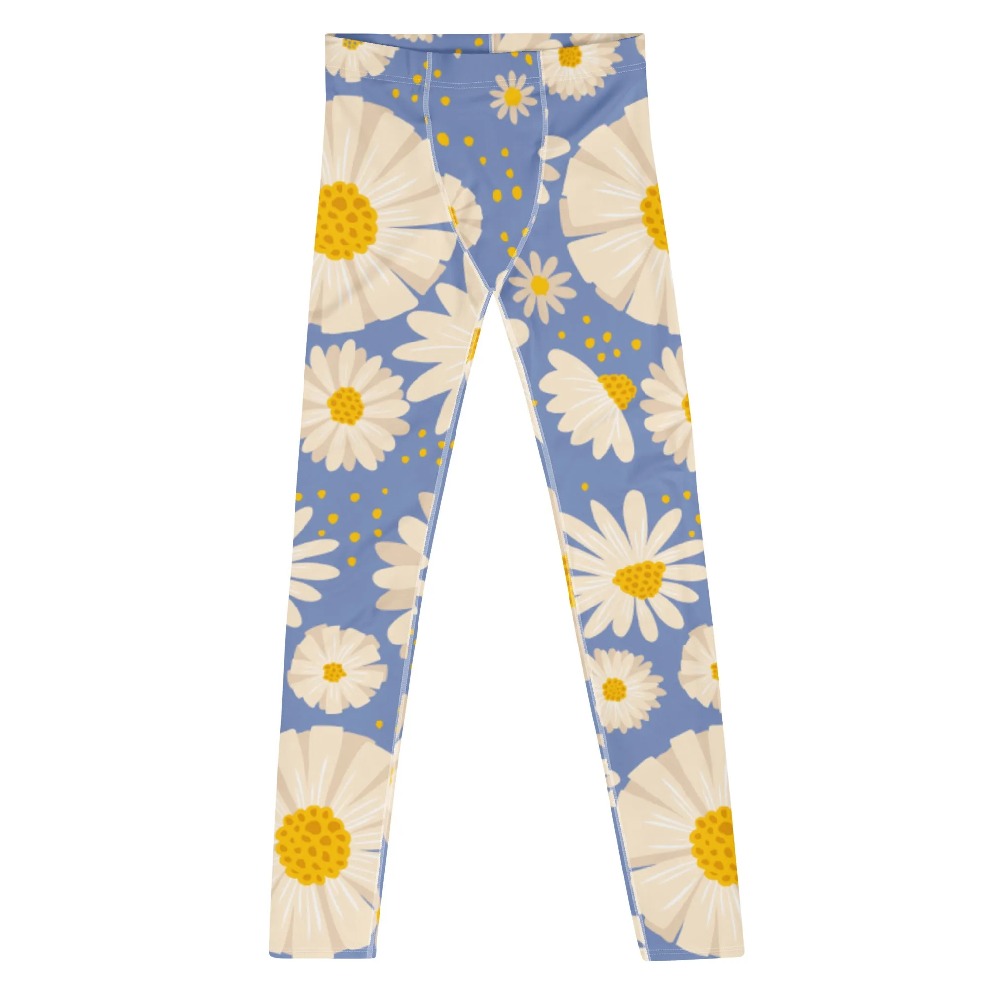 Blue White Daisy Floral Meggings, Flower Printed Designer Meggings Compression Tights-Made in USA/EU/MX