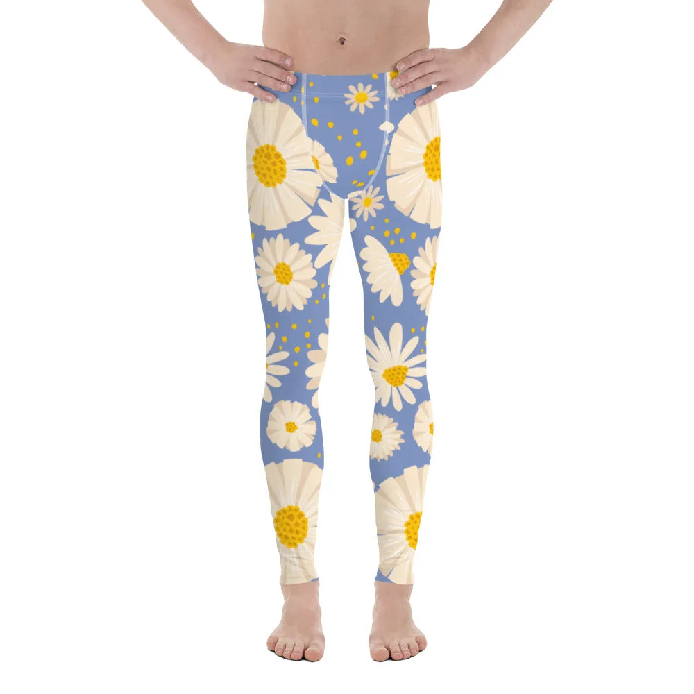 Blue White Daisy Floral Meggings, Flower Printed Designer Meggings Compression Tights-Made in USA/EU/MX