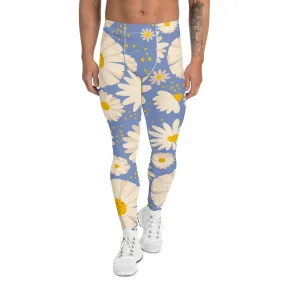 Blue White Daisy Floral Meggings, Flower Printed Designer Meggings Compression Tights-Made in USA/EU/MX