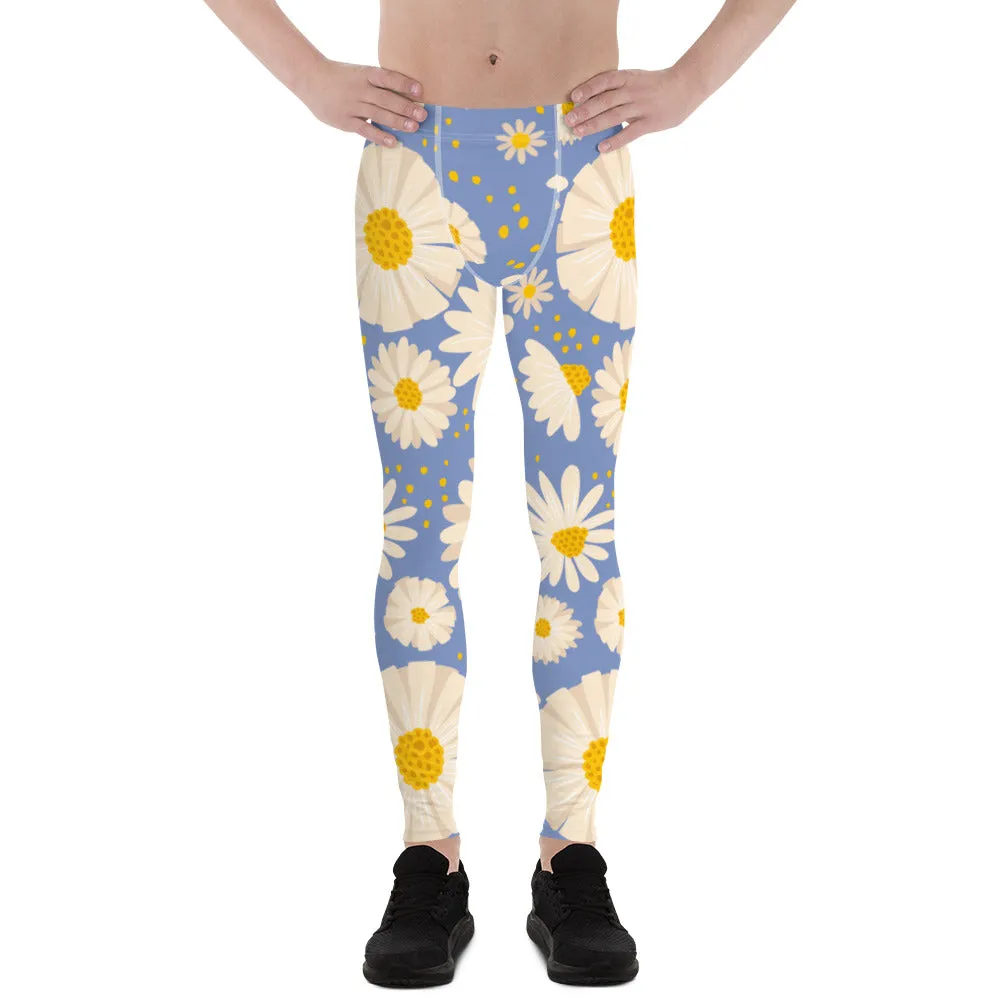 Blue White Daisy Floral Meggings, Flower Printed Designer Meggings Compression Tights-Made in USA/EU/MX