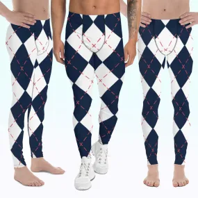 Blue White Plaid Men's Leggings, Tartan Plaid Print Compression Men's Leggings Tights Pants - Made in USA/MX/EU (US Size: XS-3XL)