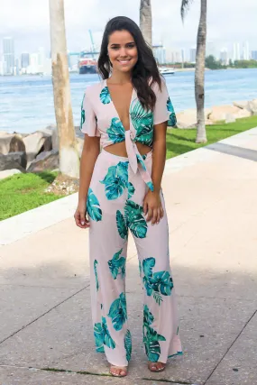 Blush Tropical Jumpsuit with Front Tie