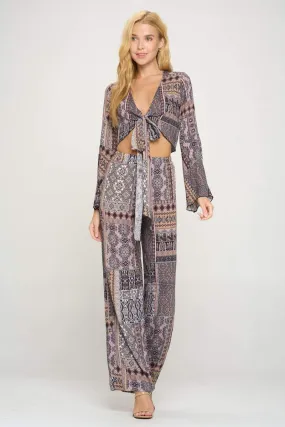 Boho Chic Bell Sleeve Crop Top and Wide Leg Pant Set