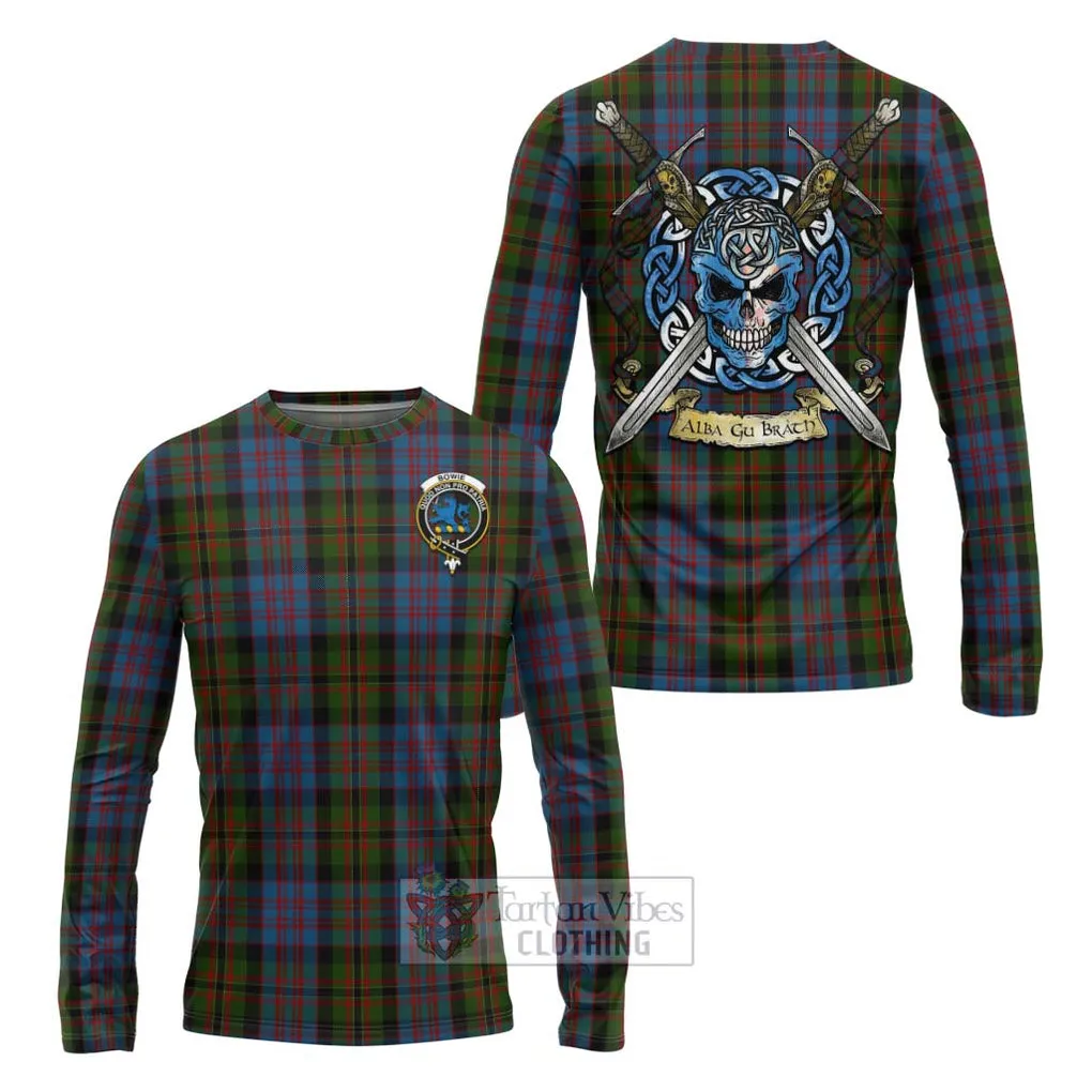 Bowie Tartan Long Sleeve T-Shirt with Family Crest Celtic Skull Style