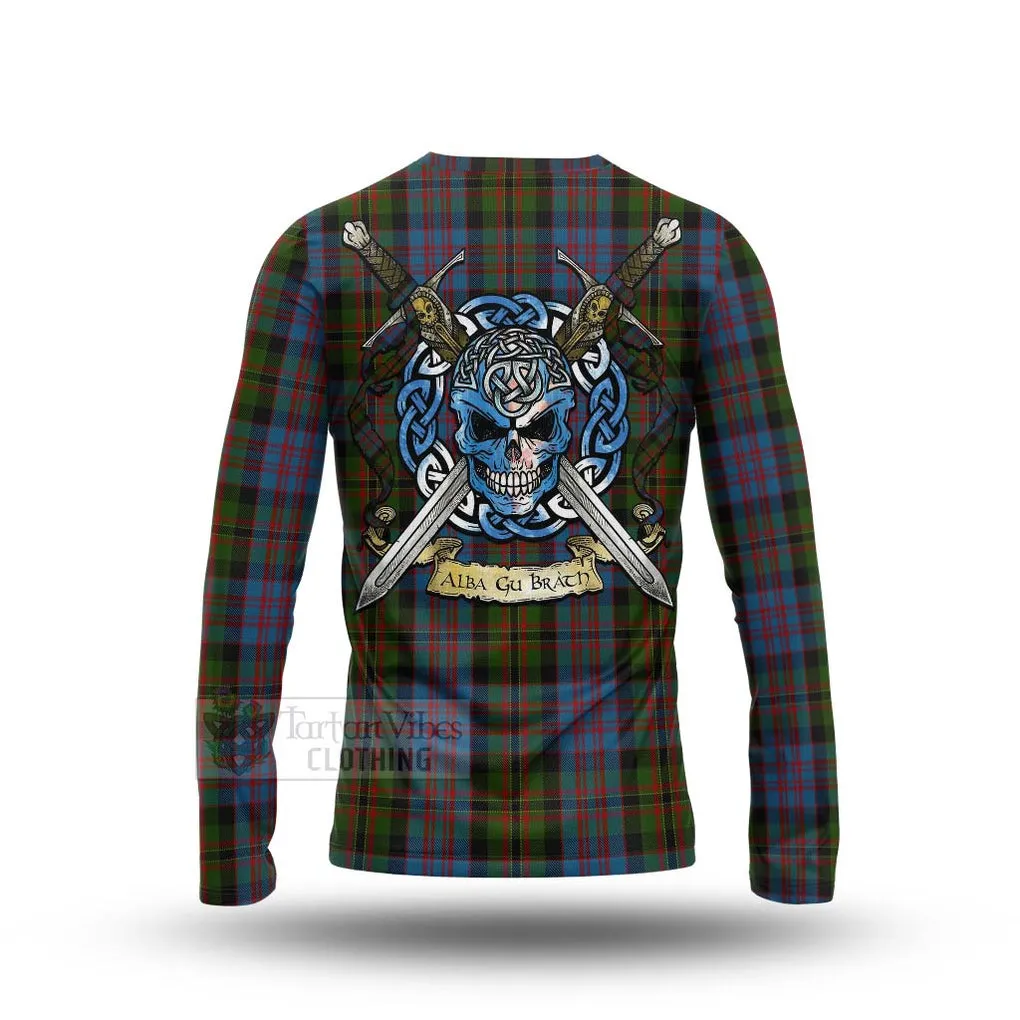 Bowie Tartan Long Sleeve T-Shirt with Family Crest Celtic Skull Style