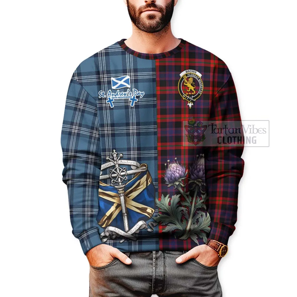 Brown (Broun) Tartan Sweatshirt Happy St. Andrew's Day Half Tartan Style