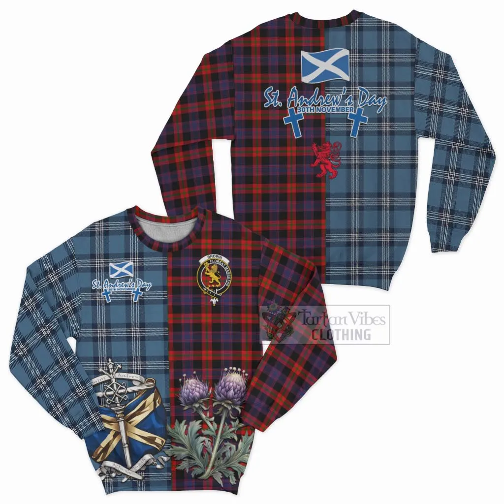 Brown (Broun) Tartan Sweatshirt Happy St. Andrew's Day Half Tartan Style